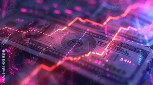 Close-up of dollar bills with an overlay of a fluctuating financial graph. Neon colors on dark background. market trends