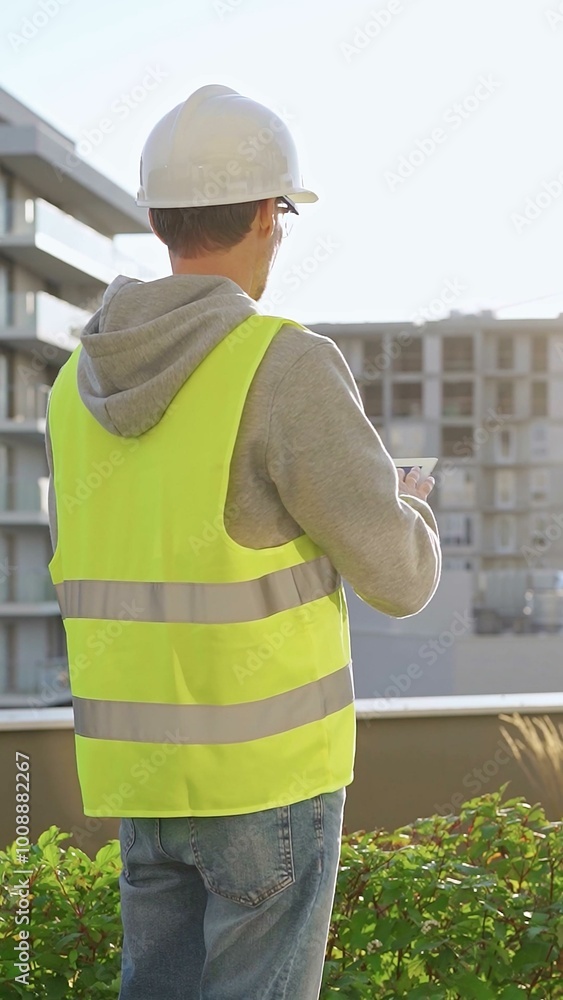 Man engineer with white helmet and safety vest is using tablet computer while inspecting a construction site at sunrise, back vertical view Man engineer with white helmet and safety vest is using tablet computer while inspecting a construction site at sunrise, back vertical view