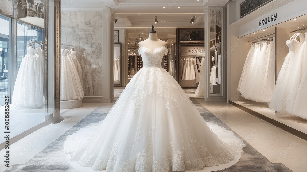 Obraz premium A luxurious white wedding dress on display, capturing the grandeur of traditional and modern bridal fashion in a high-end store.