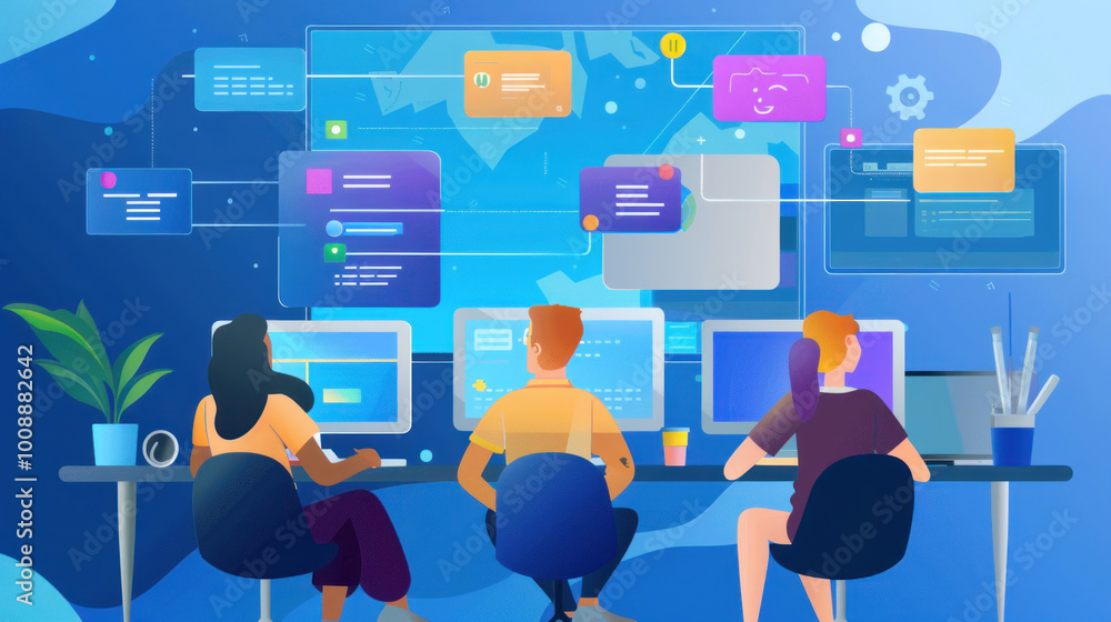 A global team working remotely, using collaboration tools like Slack and Asana to communicate and manage tasks in real-time. A global team working remotely, using collaboration tools like Slack and Asana to communicate and manage tasks in real-time.