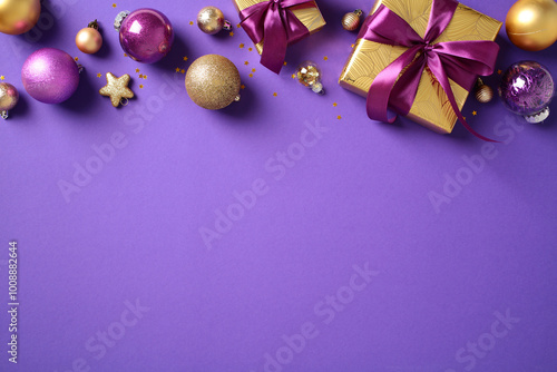 Christmas decorations with golden and purple baubles, gift boxes, and star confetti on a vibrant purple background. Perfect for holiday and celebration themes