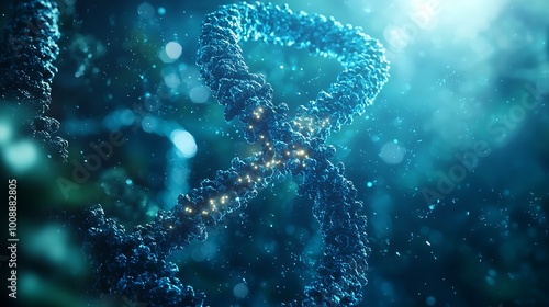 Explore a captivating visualization of a DNA double helix surrounded by ethereal light. This image symbolizes innovation and discovery in genetics.