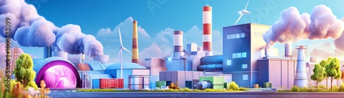 Colorful illustration of a futuristic factory with smokestacks, wind turbines, and green energy elements under a bright sky.