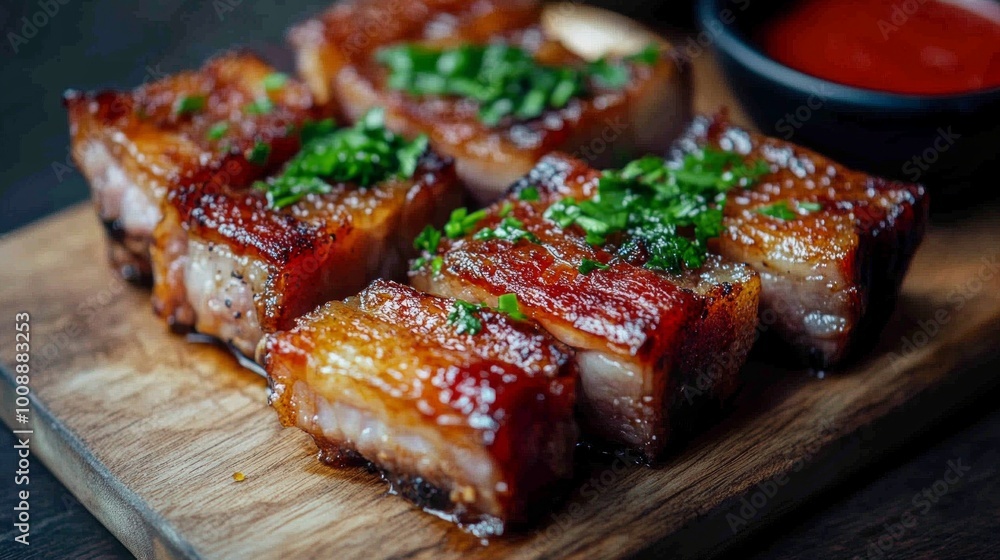Crispy pork belly is delicious with its crunchy skin and tender meat, mildly salty and perfectly balanced, especially tasty when paired with dipping sauce. Crispy pork belly is delicious with its crunchy skin and tender meat, mildly salty and perfectly balanced, especially tasty when paired with dipping sauce.