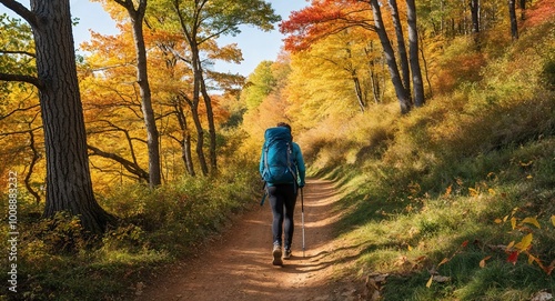 Person hiking along a vibrant autumn trail surrounded by trees and sunlight