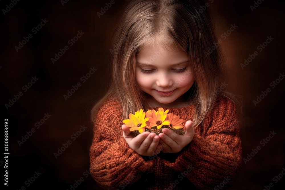 a young girl in an autumn sweater gently holding vibrant yellow flowers, gazing down with a peaceful smile, capturing the essence of childhood wonder and nature’s beauty in warm, earthy tones a young girl in an autumn sweater gently holding vibrant yellow flowers, gazing down with a peaceful smile, capturing the essence of childhood wonder and nature’s beauty in warm, earthy tones