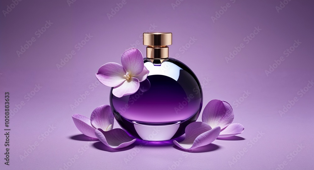 Purple spherical perfume bottle decorated with soft lilac petals Purple spherical perfume bottle decorated with soft lilac petals