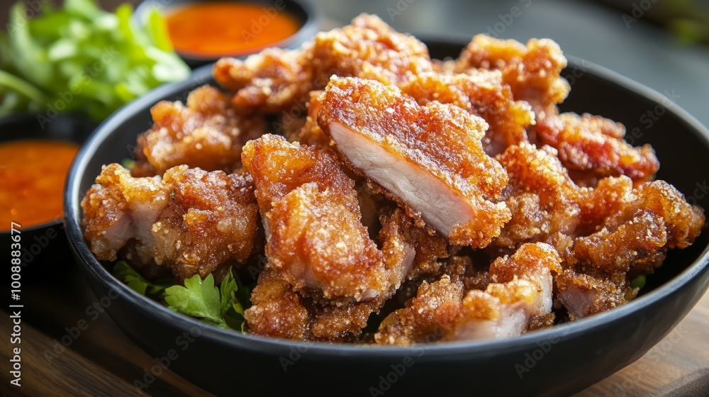 Fototapeta premium Crispy pork belly is delicious with its crunchy skin and tender meat, mildly salty and perfectly balanced, especially tasty when paired with dipping sauce. 