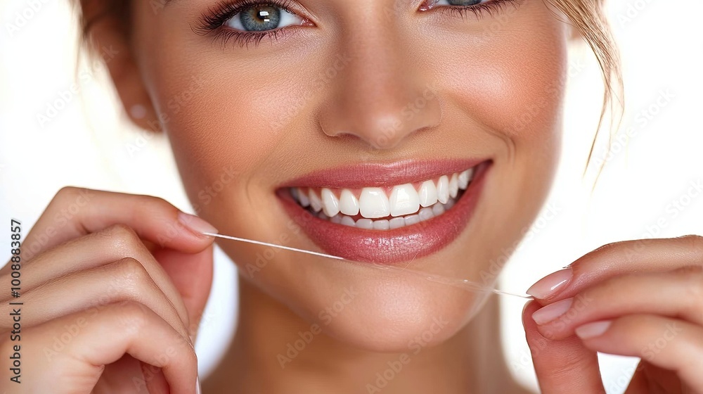 Flossing your teeth is important for good oral health. This woman is flossing her teeth to keep them clean and healthy. Smiling with bright, white teeth is a sign of good dental care. Flossing your teeth is important for good oral health. This woman is flossing her teeth to keep them clean and healthy. Smiling with bright, white teeth is a sign of good dental care.