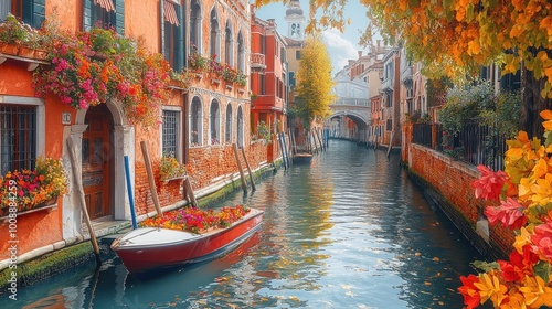 Serene canal scene with autumn foliage and colorful flowers.