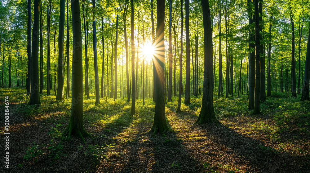 Naklejka premium Sunlight streaming through trees in a lush green forest during early morning hours