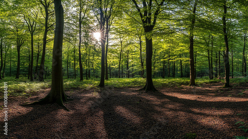 Sunlight filters through green trees in a serene forest setting during midday