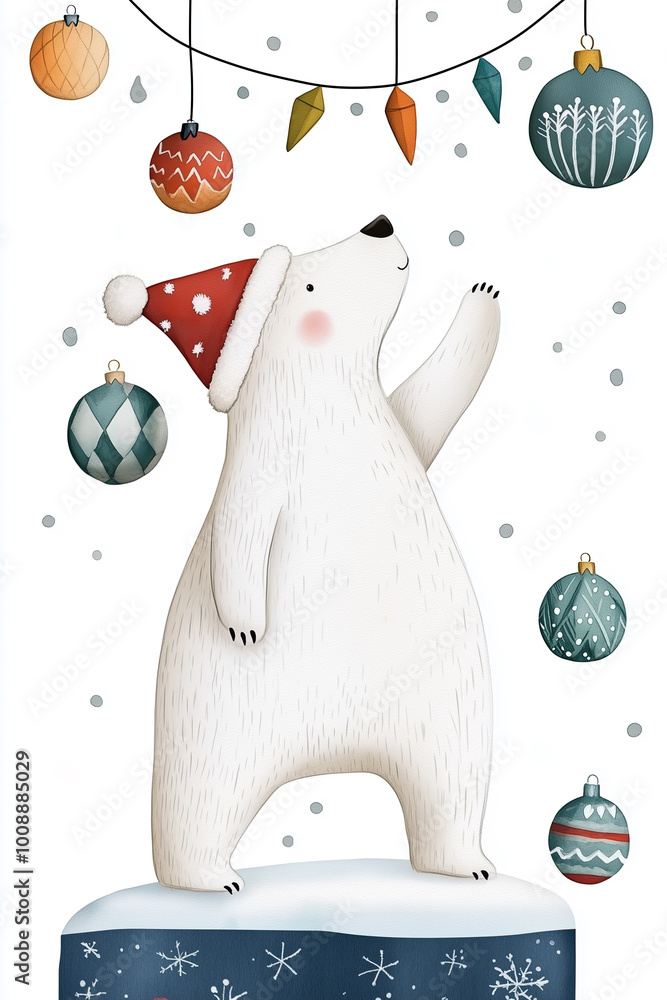 Eisbär mit Weihnachtsmütze bestaunt aufgehängte Christbaumkugel– Festliche Aquarellkunst für die Weihnachtszeit