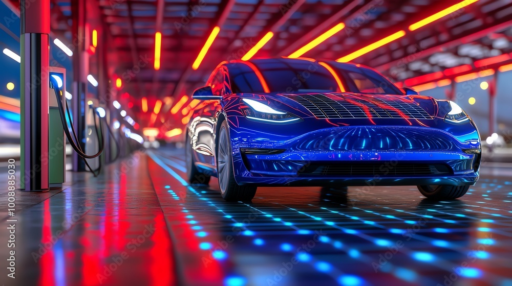Futuristic electric car charging at a station, illuminated by vibrant neon lights reflecting off the sleek vehicle, symbolizing modern technology. Futuristic electric car charging at a station, illuminated by vibrant neon lights reflecting off the sleek vehicle, symbolizing modern technology.