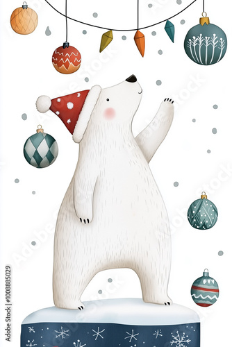Obraz na płótnie Eisbär mit Weihnachtsmütze bestaunt aufgehängte Christbaumkugel– Festliche Aquarellkunst für die Weihnachtszeit w salonie