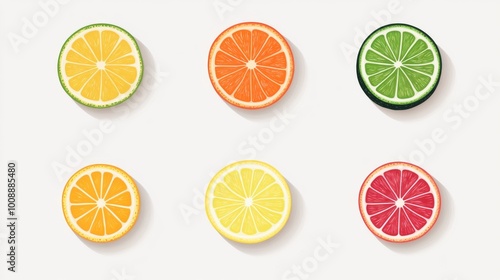 Six citrus fruit slices, lemon, orange, lime, grapefruit, tangerine and blood orange, arranged in two rows on a white background.