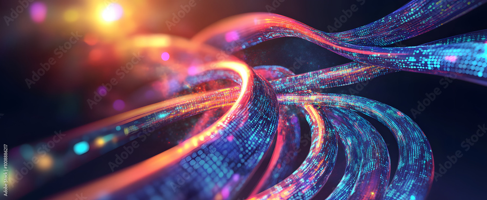 Fototapeta premium Digital stream in big data field. High-speed Internet and global cyber digitalization. Twisted strings of binary code in tunnel cyberspace 3D illustration