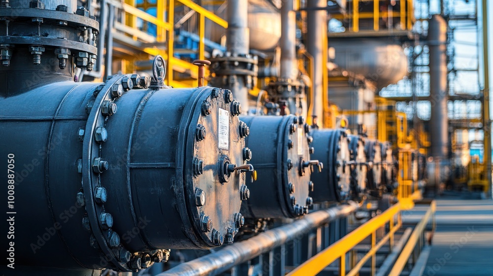 Industrial pipelines and valves in a facility, showcasing engineering and infrastructure. Industrial pipelines and valves in a facility, showcasing engineering and infrastructure.