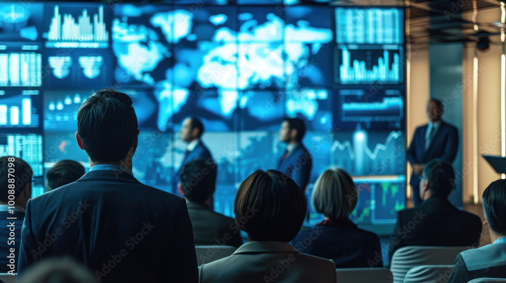 A group of business leaders sharing insights on global leadership at an international conference, with digital screens showcasing key market trends and data. A group of business leaders sharing insights on global leadership at an international conference, with digital screens showcasing key market trends and data.