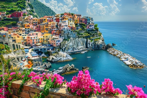 Stunning coastal view of colorful buildings perched on cliffs overlooking a serene bay, surrounded by bright flowers under a blue sky.