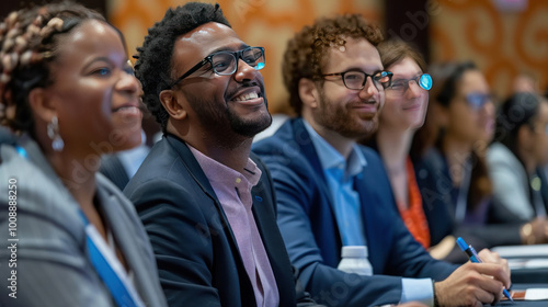 A group of diverse business professionals attending an international leadership program, focusing on leadership development for emerging global markets.