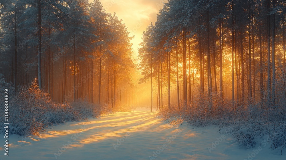 Serene winter forest at sunset, with snow-covered ground and trees. Serene winter forest at sunset, with snow-covered ground and trees.