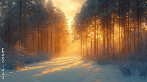 Serene winter forest at sunset, with snow-covered ground and trees.