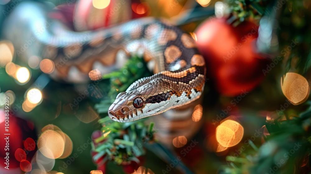 A snake is curled up on a Christmas tree A snake is curled up on a Christmas tree