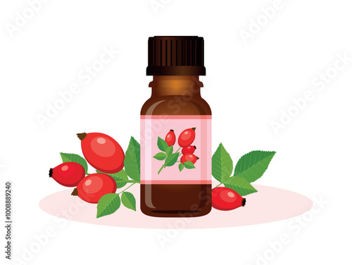 Rose hip essential oil in a brown glass bottle vector illustration. Glass cosmetic bottle with rosehip nourishing oil icon vector isolated on a white background. Natural facial oil drawing
