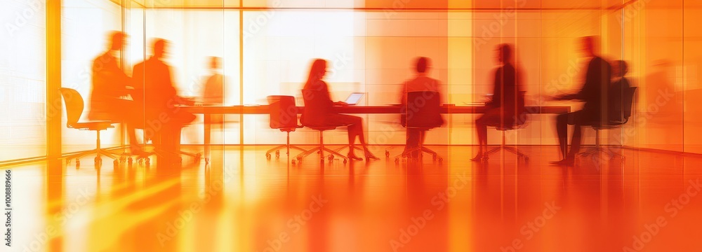 Business team in an office meeting, with blurred figures of people working together on digital marketing and business development, captured through the glass window. Business team in an office meeting, with blurred figures of people working together on digital marketing and business development, captured through the glass window.
