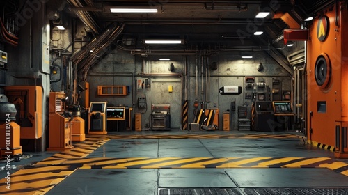 Industrial Interior with Orange and Yellow Stripes on the Floor