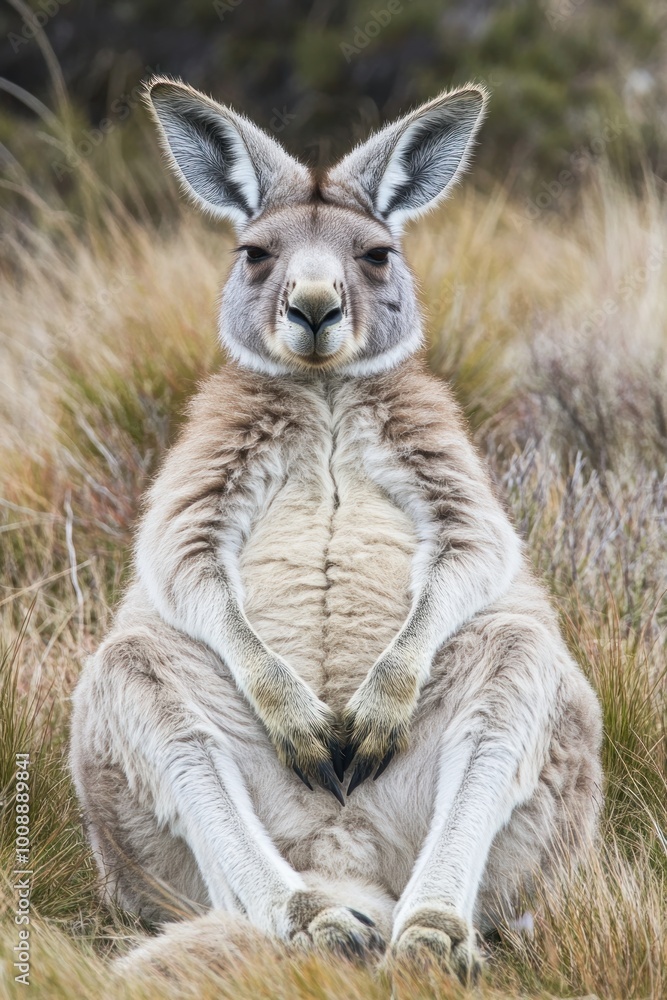 A kangaroo sitting in a grassy landscape, showcasing its distinctive features. A kangaroo sitting in a grassy landscape, showcasing its distinctive features.