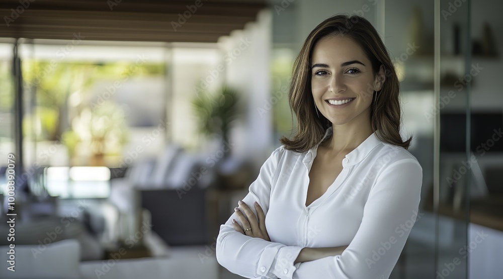 A confident businesswoman standing in a modern office with her arms crossed, smiling at the camera. A confident businesswoman standing in a modern office with her arms crossed, smiling at the camera.