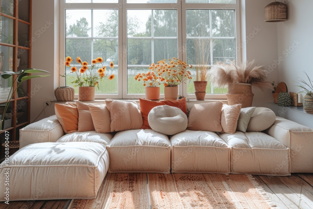 A cozy and sunlit living room with a large white sectional sofa, adorned with soft neutral-toned pillows and warm décor, creating an inviting and serene atmosphere.
A cozy and sunlit living room with a large white sectional sofa, adorned with soft neutral-toned pillows and warm décor, creating an inviting and serene atmosphere.
