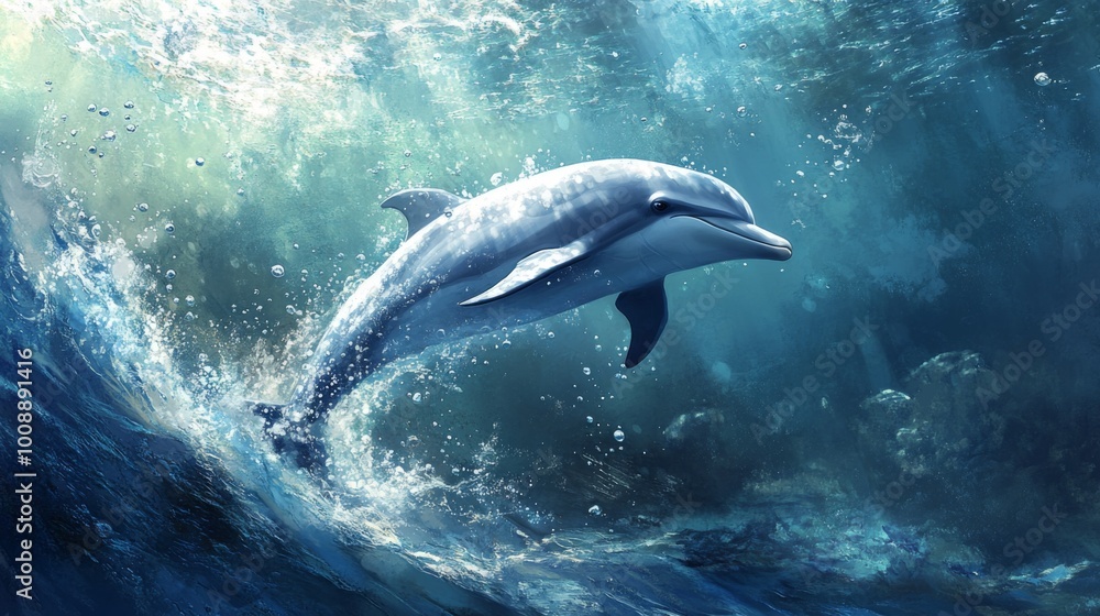 Naklejka premium Elegant Dolphin Leaping Above Ocean Waves