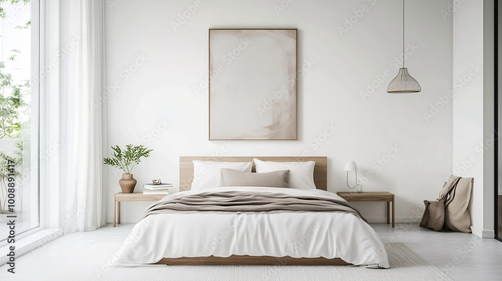 Bright minimalist bedroom with natural light, white walls, a single painting above the bed, and neutral bedding. Clean and spacious atmosphere Bright minimalist bedroom with natural light, white walls, a single painting above the bed, and neutral bedding. Clean and spacious atmosphere