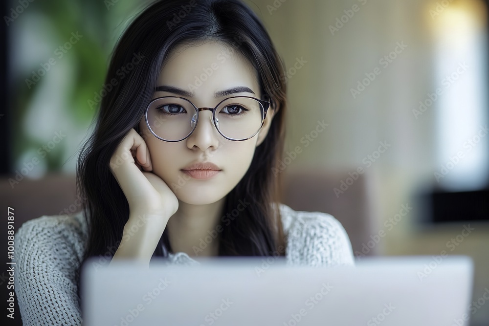 A young Asian businesswoman experiences eye pain from extended laptop use in an office setting. A young Asian businesswoman experiences eye pain from extended laptop use in an office setting.