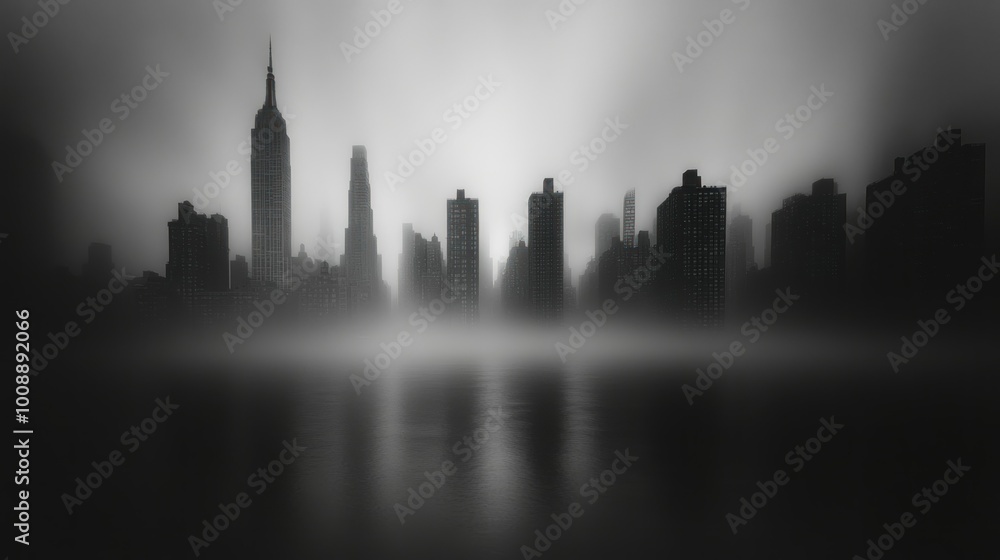 Naklejka premium Silhouetted Skyscrapers Emerging from Fog Over Water