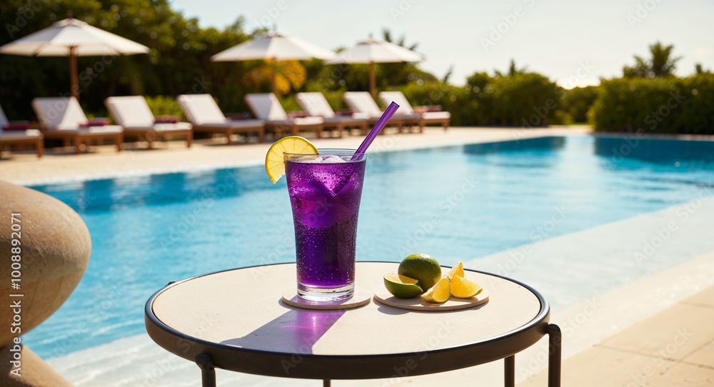 Obraz premium Cool purple refreshment glass on a side table beside the pool at a beach resort