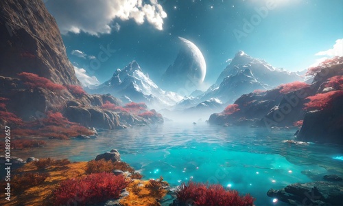 Surreal landscape, mountains, AI generated nature picture