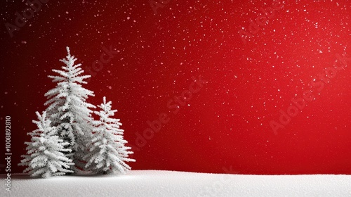 A serene winter scene featuring snowy evergreens against a vibrant red background. Perfect for holiday-themed designs and festive celebrations. photo