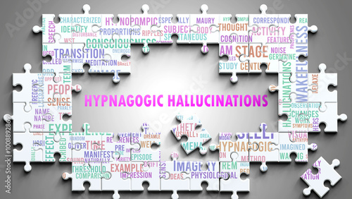 Hypnagogic Hallucinations as a complex subject, related to important topics. Pictured as a puzzle surrounded by most important ideas and phrases related to hypnagogic hallucinations. ,3d illustration photo