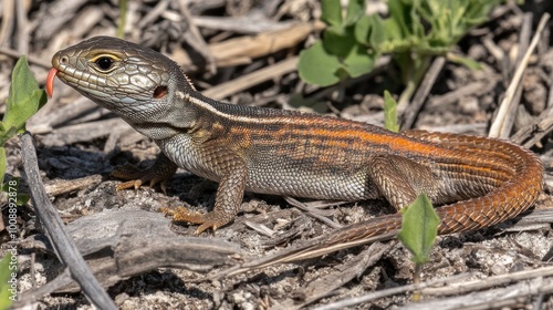 A lizard with vibrant stripes resting on the ground among vegetation.