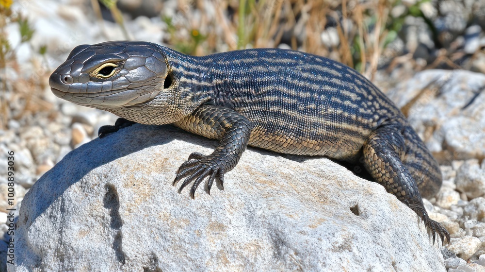 Obraz premium A lizard resting on a rock in a natural environment, showcasing its distinctive striped pattern.