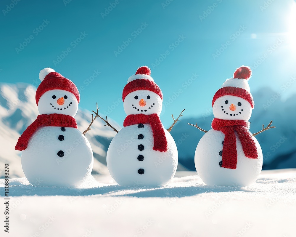 Delight in this charming winter scene featuring three cheerful snowmen, donned in festive hats and scarves, set against a beautiful snowy landscape. Delight in this charming winter scene featuring three cheerful snowmen, donned in festive hats and scarves, set against a beautiful snowy landscape.