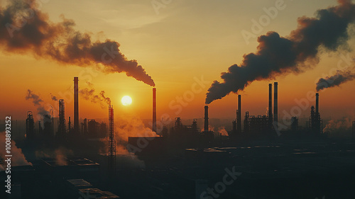 Industrial skyline at sunset with smoke plumes rising from factories and chimneys