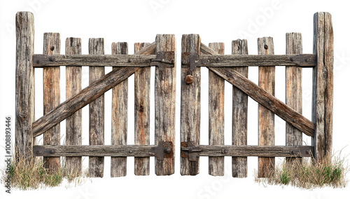 An old wooden fence, an old wooden gate, a front view, isolated on a white background (4) copy