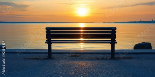 An empty bench faces the tranquil ocean, framed by a stunning sunset, beckoning relaxation and contemplation.