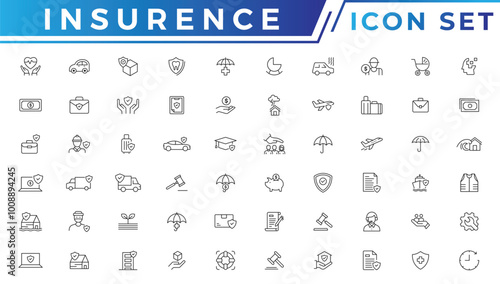 Insurance icons as insurance cover, home injury, accidental insurance. Insurance thin line icons set