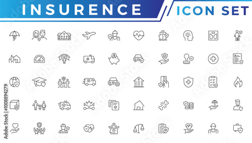 Insurance icons as insurance cover, home injury, accidental insurance. Insurance thin line icons set